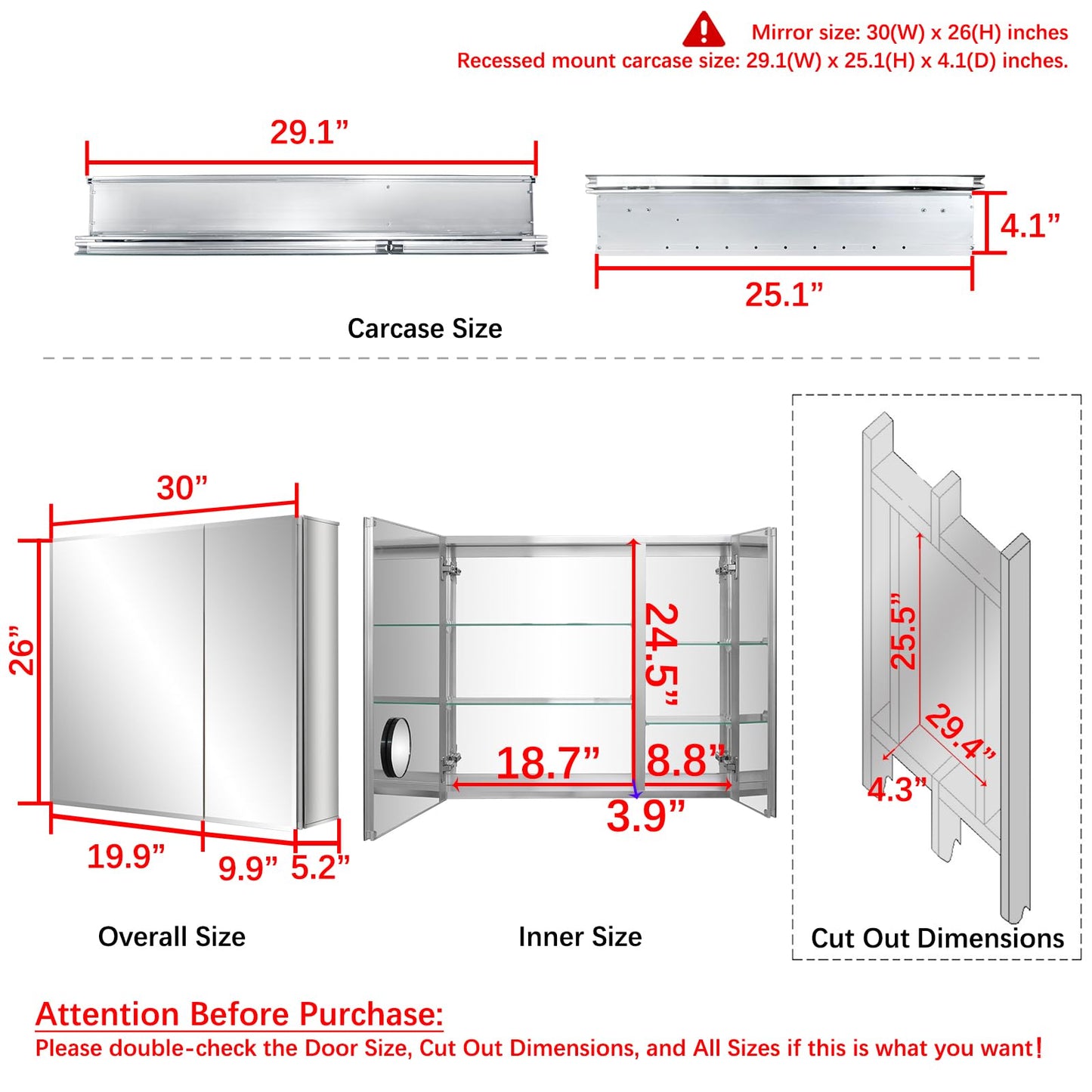Fundin Bathroom Mirror Medicine Cabinet Aluminum Storage Cabinet 30 x 26 inch Beveled Edge Frameless Double Sided Mirror Door Recess or Surface Mount with 5X Magnifying Makeup Mirror