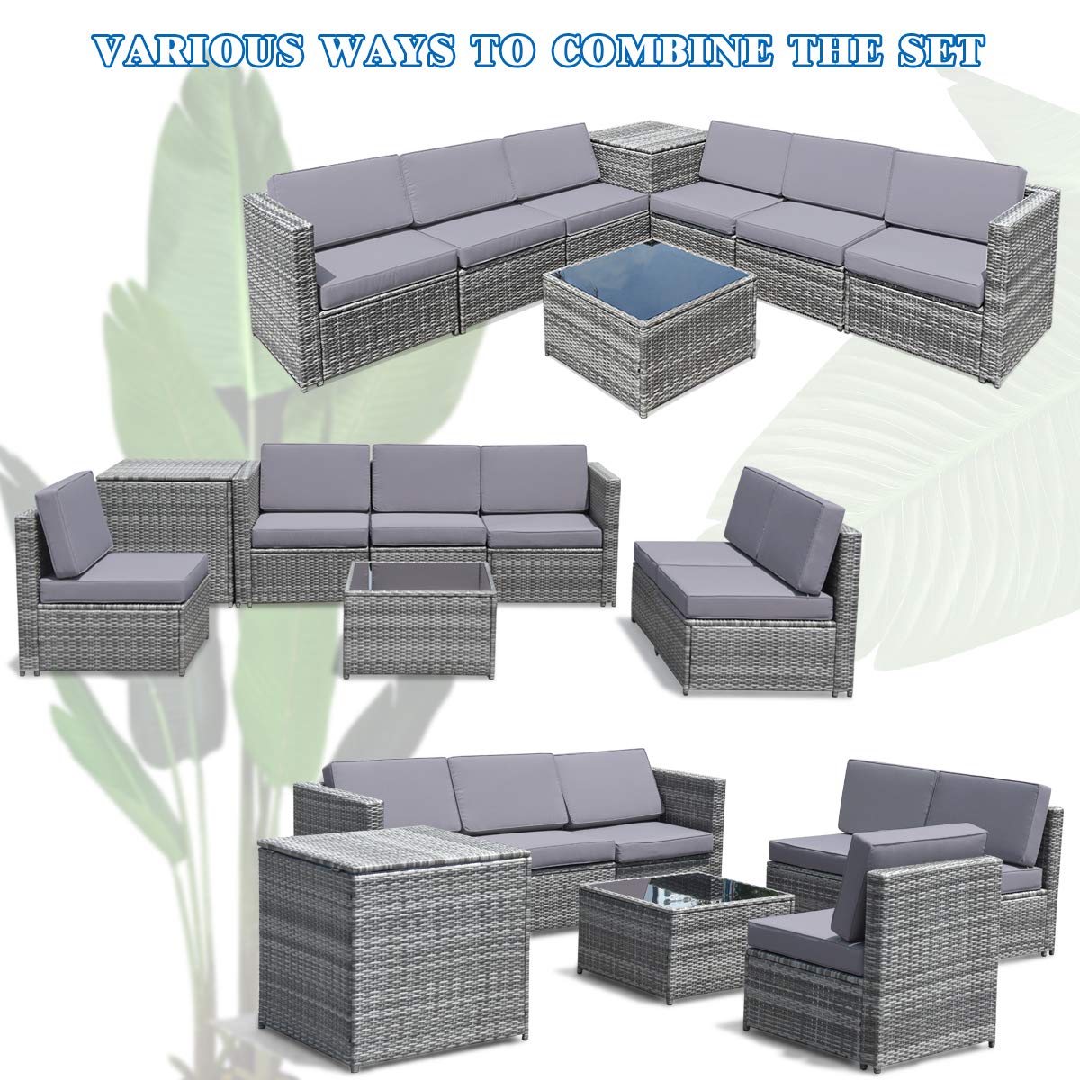 Tangkula 8 PCS Outdoor Patio Furniture Set, Rattan Wicker Sofa Set, Sectional Sofa Couch Conversation Set w/Storage Table and 12 Zippered Cushions for Garden Backyard Poolside (Grey)