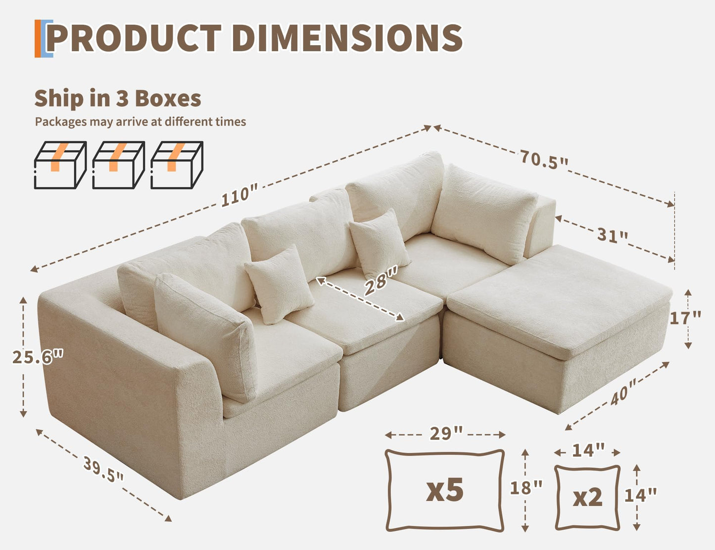 Garvee Cloud Boneless Couch with Ottoman 110" Convertible L Shaped Modular Sectional Sofa with Chaise Deep Seating Chenille Fabric High-Density Memory Foam Pillows for Living Room