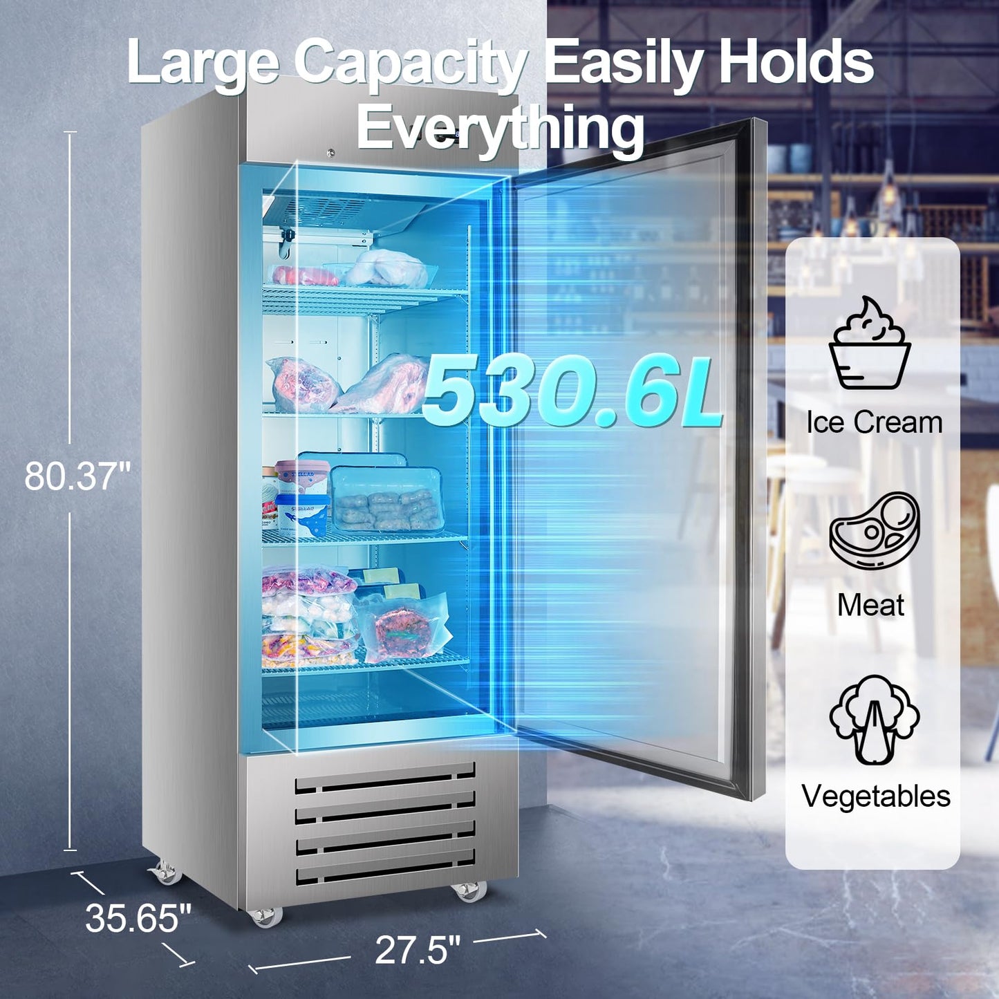 Tylza 27.5" Commercial Reach-in Freezer, Fan Cooling, Solid Stainless Steel Single Door, 530.6L