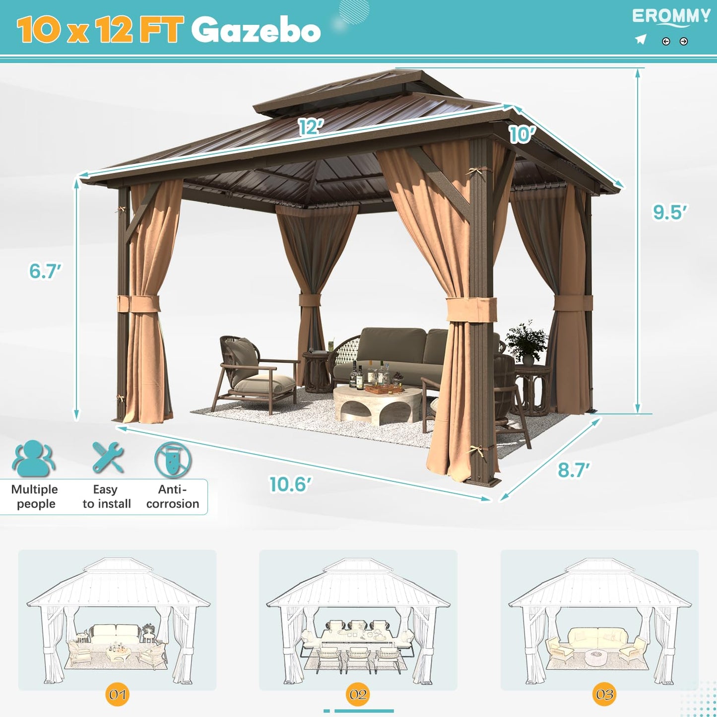 EROMMY 10' x 12' Hardtop Gazebo, Aluminum Frame Gazebos with Galvanized Steel Double Roof, Permanent Outdoor Metal Pavilion with Curtain and Netting for Patio, Lawn, Deck