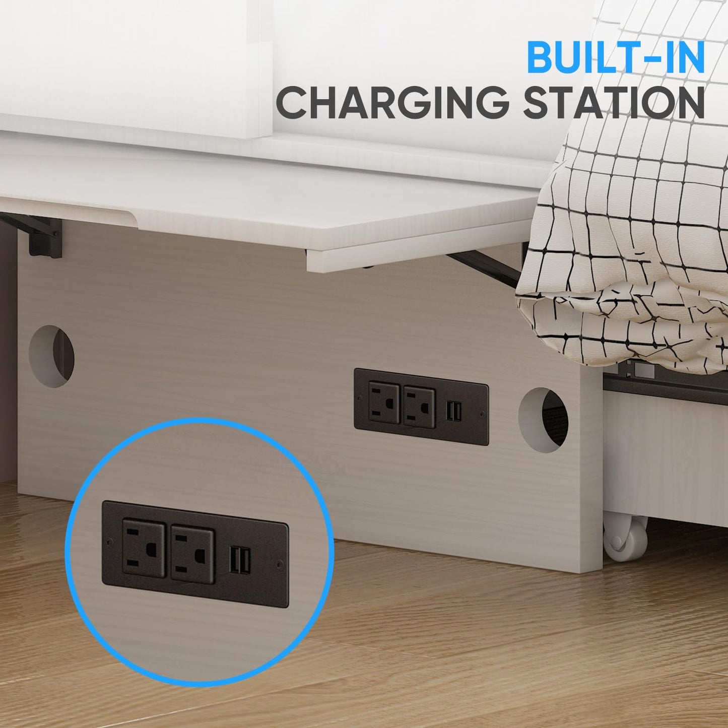 PUREMIND Queen Murphy Bed Cabinet, Murphy Bed with Mattress Included, Storage Drawer and Bedside Panel, Built-in Charging Station, Solid Wood Space-Saving Wallbed Hideaway Beds for Guest Room
