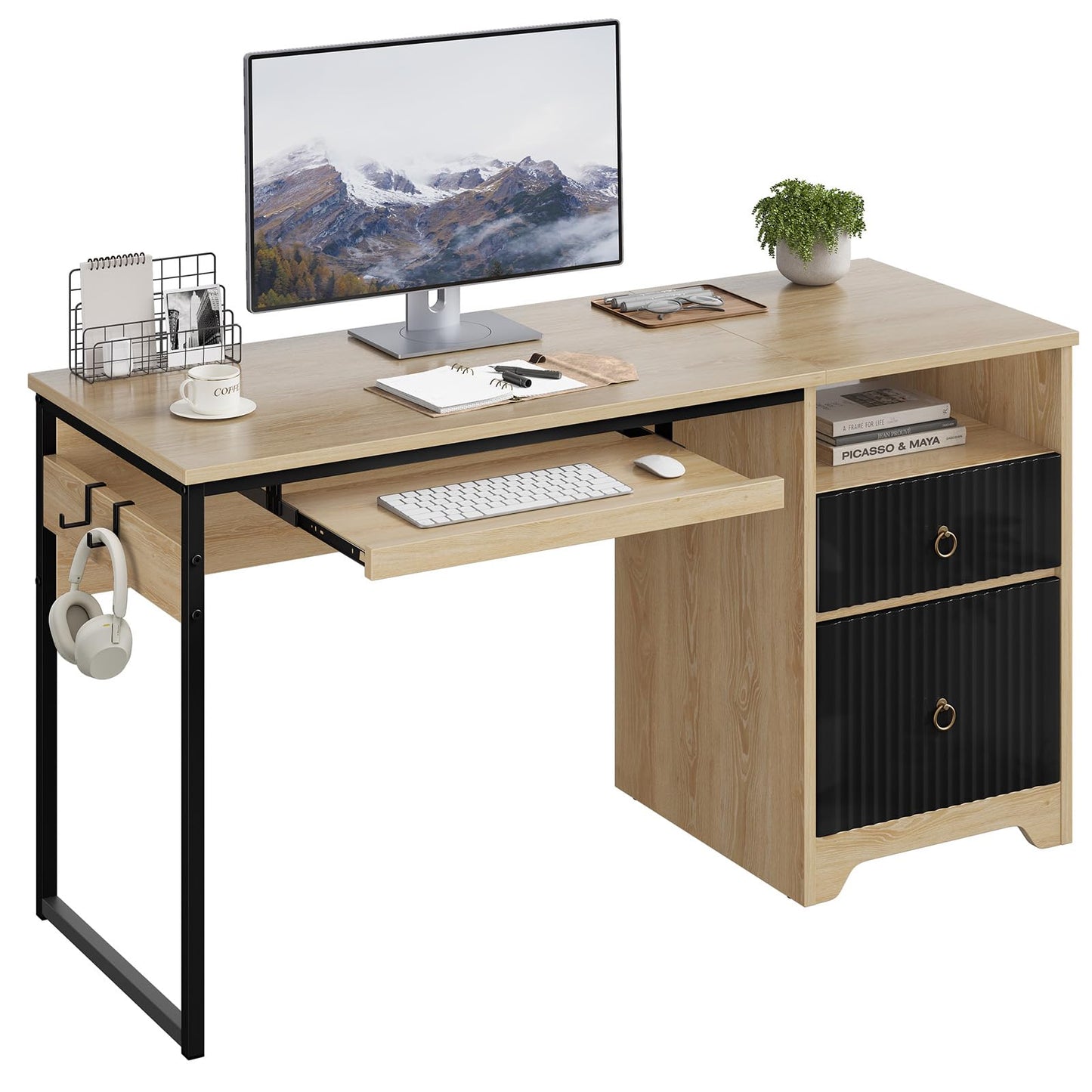 Bestier 55 Inch Computer Desk with Keyboard Tray, Modern Office Desk with Storage, Wood Writing Desk with File Drawer, Fluted Panel & 2 Hooks for Home Office & Studio, Natural Oak