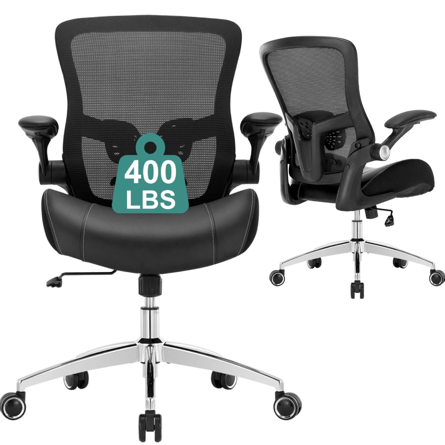 Big and Tall Office Chair 400lbs, Heavy Duty Computer Desk Chair with Wide 3D Modeling Foam Seat, Ergonomic Executive Office Chair for Heavy People with Adjustable Lumbar Support Armrests Metal Base