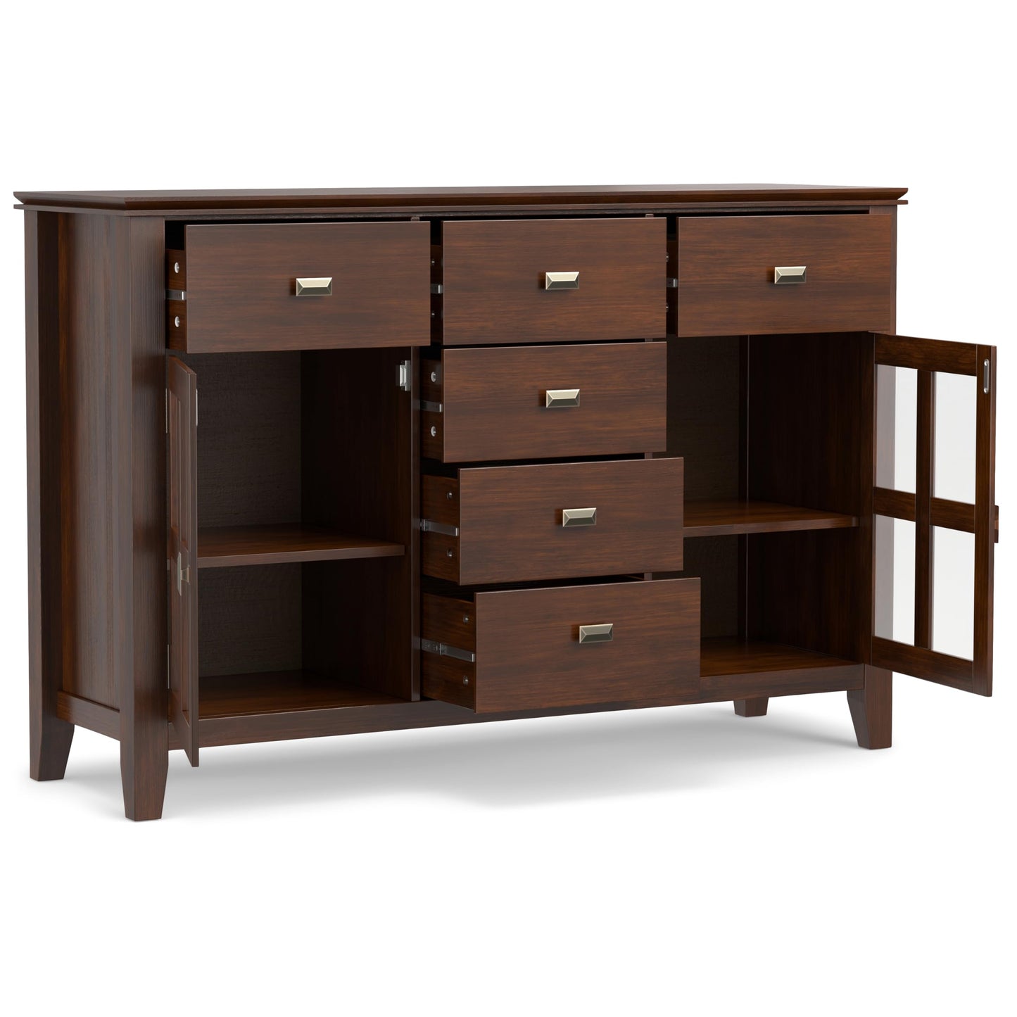 SIMPLIHOME Artisan Buffet - 54 inch Wide Solid Wood 3-Door Sideboard Buffet in Russet Brown, Transitional Storage Cabinet for Dining Room or Kitchen with Adjustable Shelves and Bronze Hardware