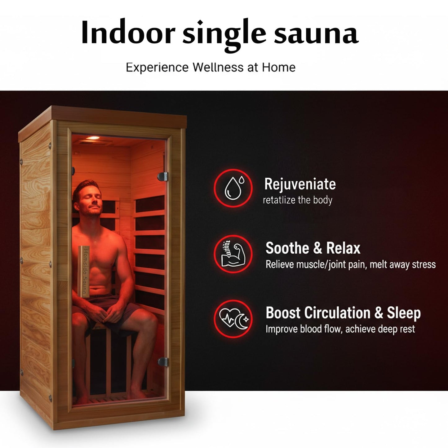 Homsido Red Light Therapy Infrared Sauna for Home – 1300W 110V 1-Person Indoor Wood Sauna w/Carbon Crystal Heaters, Red Light Lamp, Post-Workout Recovery & Spa Relaxation, Gift for Women Men
