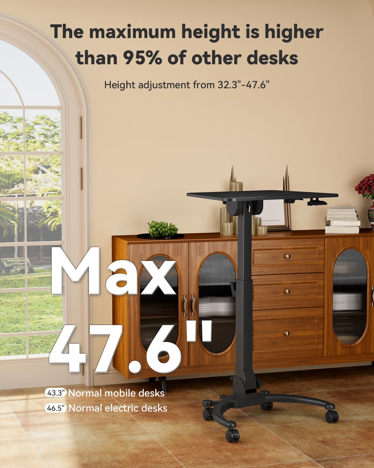 JOY worker Foldable Mobile Standing Desk, Upgraded Height Adjustable Rolling Desk, Max Height 47.6", 90° Tiltable Board & Base, Portable Workstation with Moveable Wheels, Holds Up to 22lbs, Black