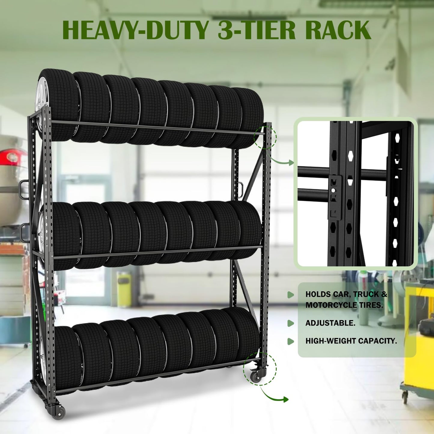 ZUIWAN Large 83" H 3-Tier Rolling Tire Rack for Garage - Heavy Duty 2200LBS Capacity Adjustable Metal Tire Storage Rack with 4 Self-Locking Casters