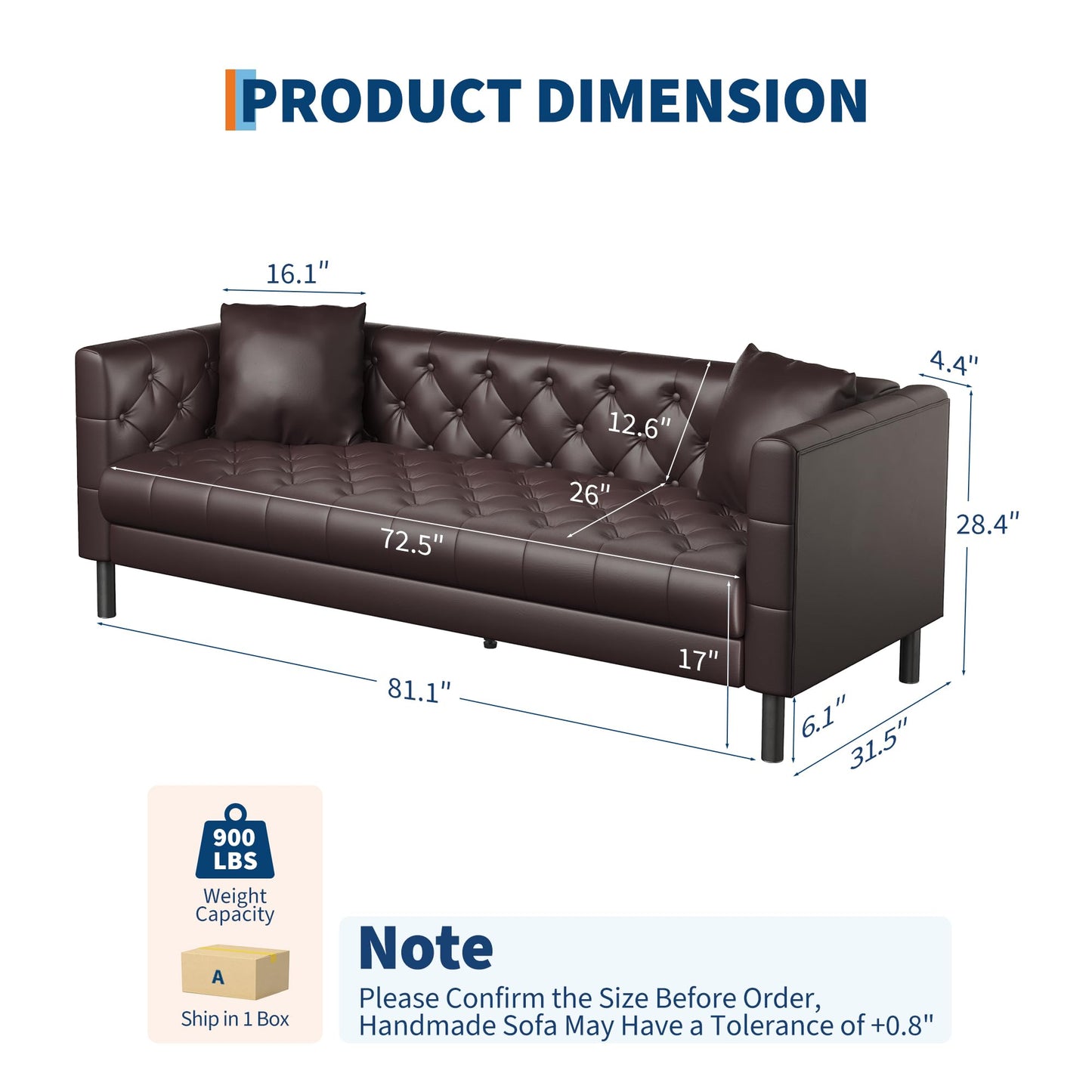 Garvee 81 in Leather Couch for Living Room, Modern Leather Sofa with Deep Seat, Handmade Button Tufted 3 Seater Sofa, Chesterfield Couch for Apartment or Office, Dark Brown