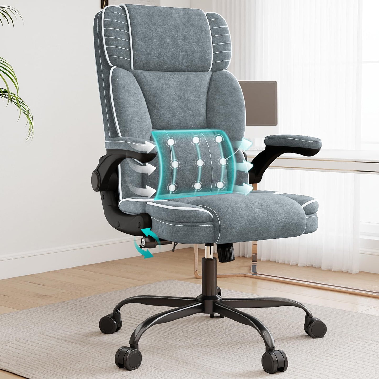 Big and Tall Office Chair with Adjustable Lumbar Support,Breathable Fabric High Back Desk Computer Chair with Adjustable Flip-up Armrests,Ergonomic Swivel PC Chair with Rocking Function