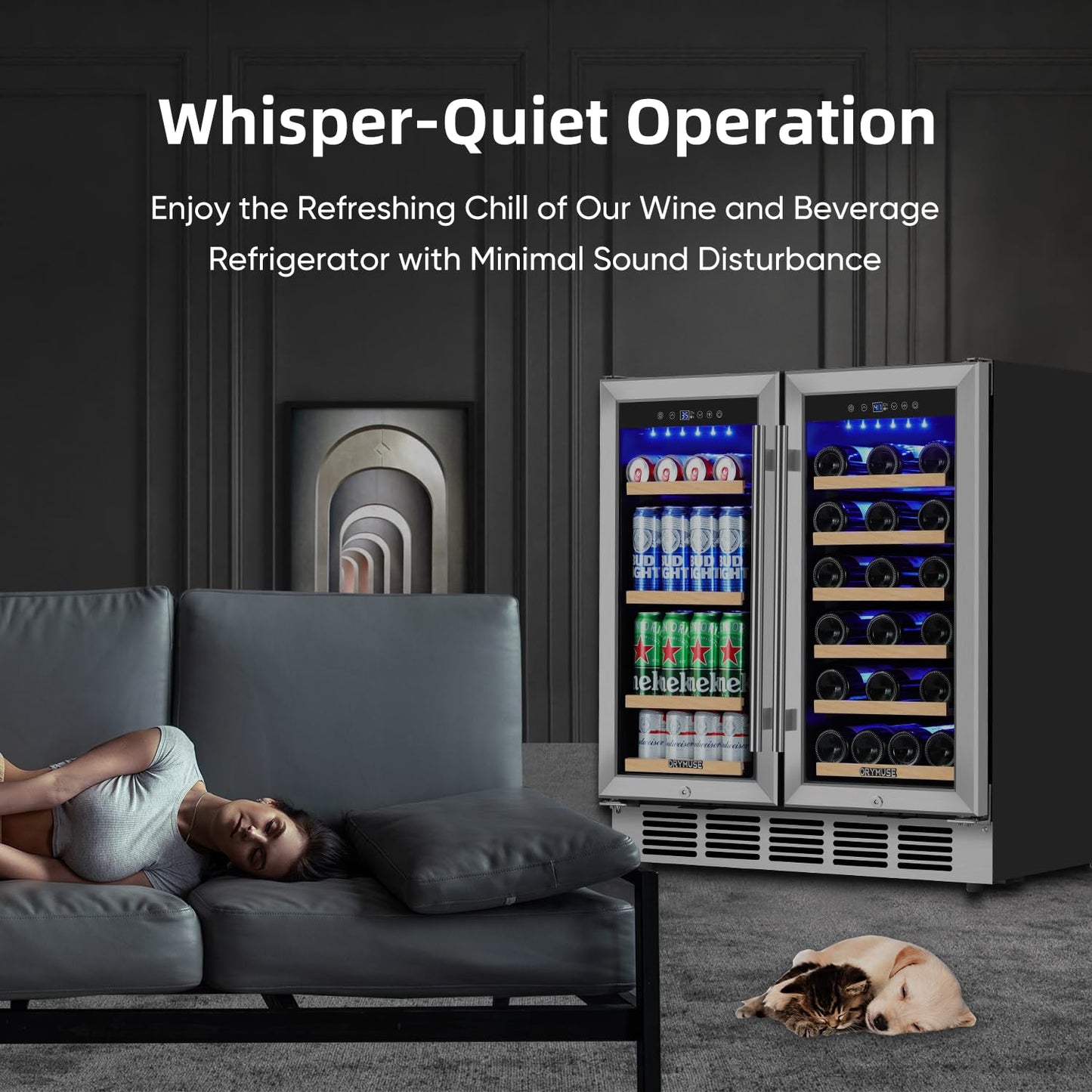 ORYMUSE Wine and Beverage Refrigerator 30 Inch, Beverage Fridge Dual Zone with Upgraded Cooling, Wine Beverage Cooler Built-in or Freestanding, 30 Bottles and 110 Cans Large Capacity