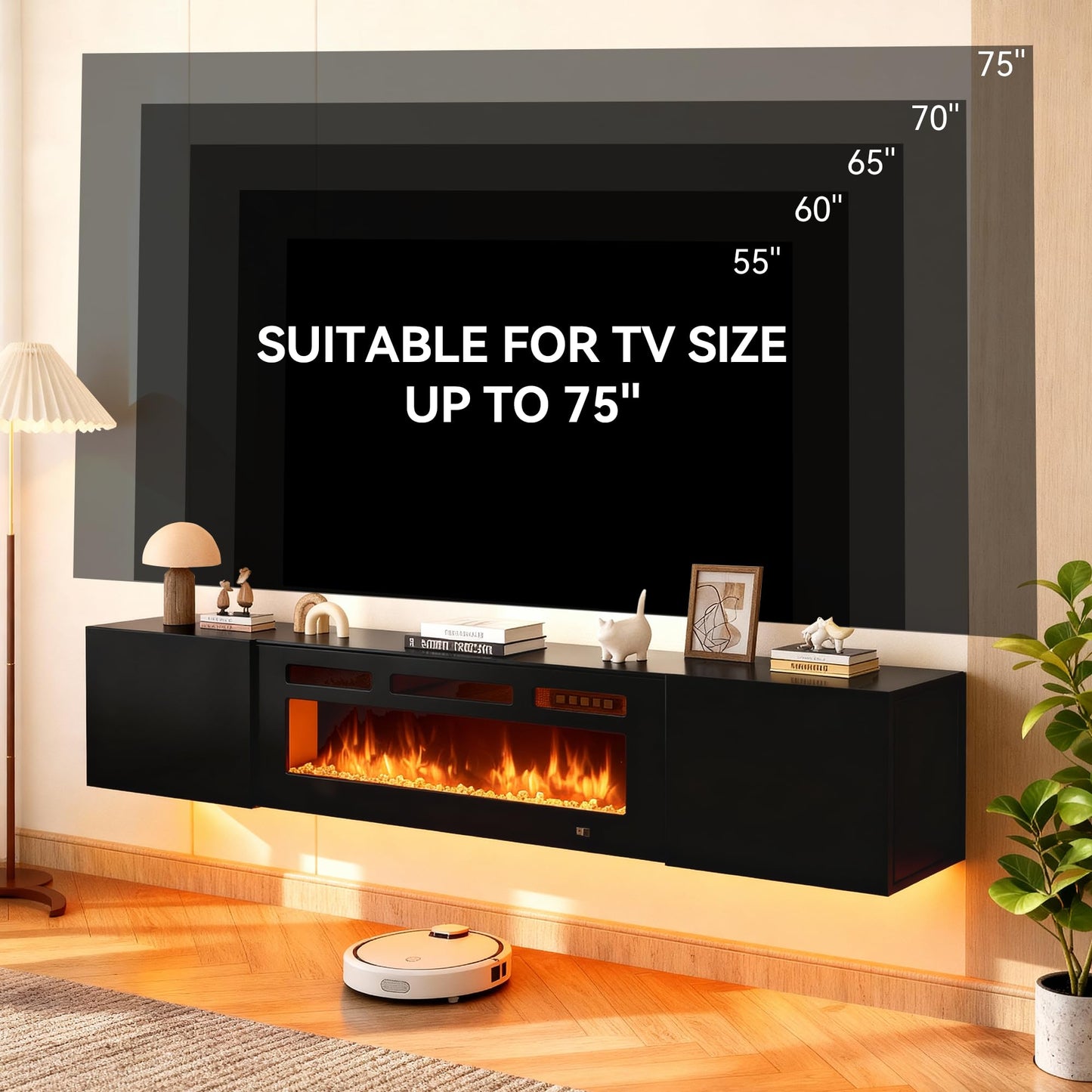 MXV 70'' Floating TV Stand, Modern Media Entertainment Center with 36" Electric Fireplace, TV Console Cabinet Wall Mounted, Adjustable 12-Color LED Lights, for Living Room, Black + Black
