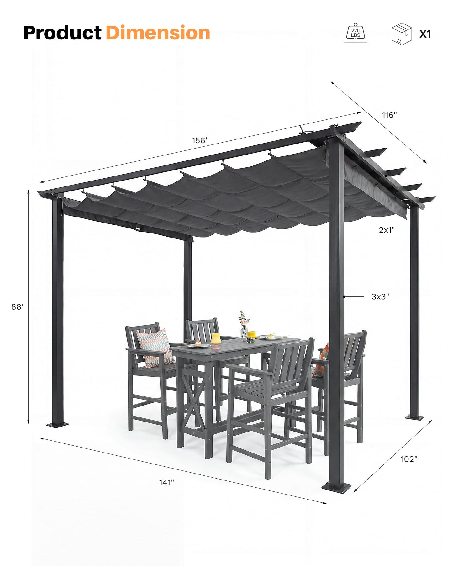SEEHILL 10' X 13' Outdoor Retractable Pergola Canopy, Patio Pergola with Sun Shade Canopy, Aluminum Pergola Gazebo Modern Yard Grape Trellis Pergola Patio Metal Shelter for Garden Decks Porch, Grey
