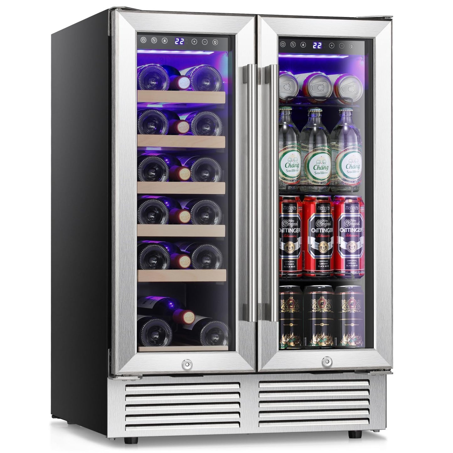 Antarctic Star 24 Inch Dual Zone Wine and Beverage Refrigerator, Built-in or Freestanding Mini Fridge with Clear Glass Door & LED Light, for Beer, Soda, and Wine