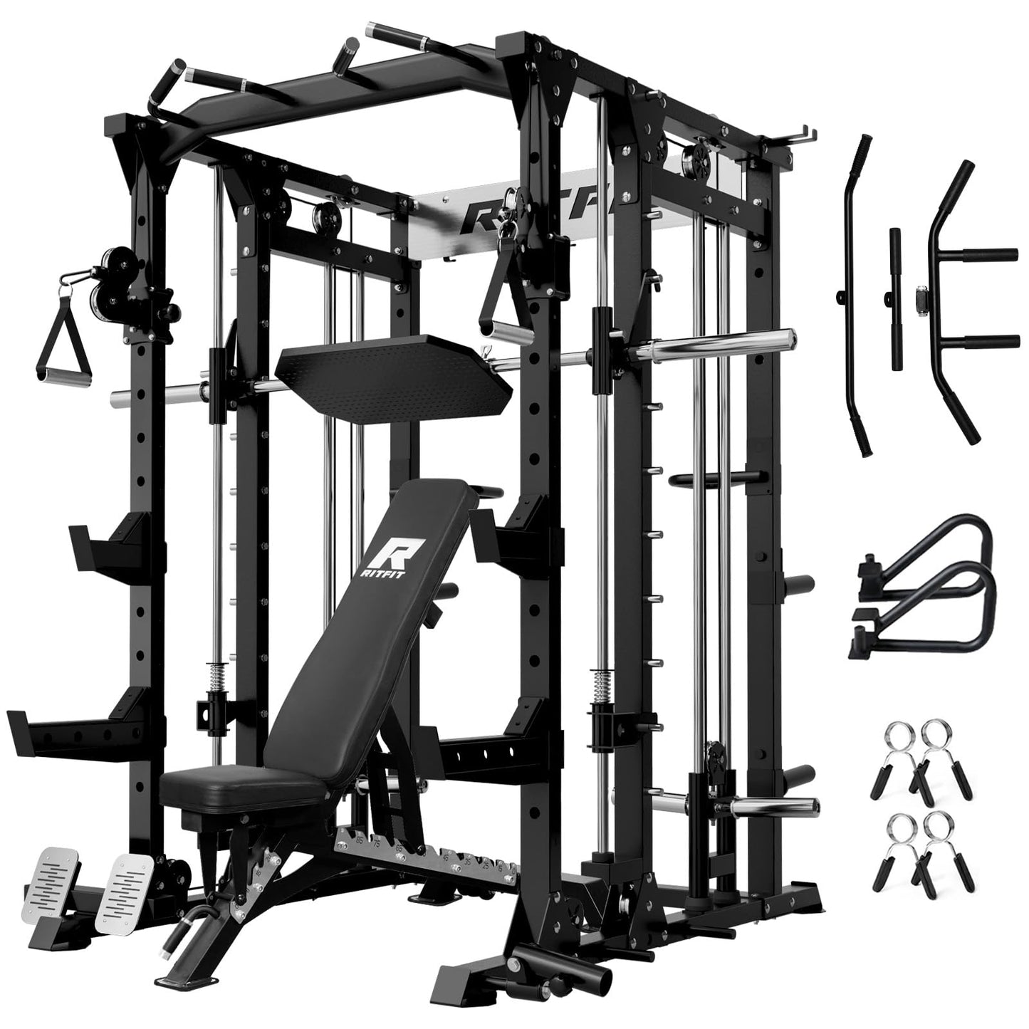 RitFit Buffalo Smith Machine, Power cage with LAT-Pull Down System & Cable Crossover System, All-in-One Squat Rack for Home Gym, Power Rack