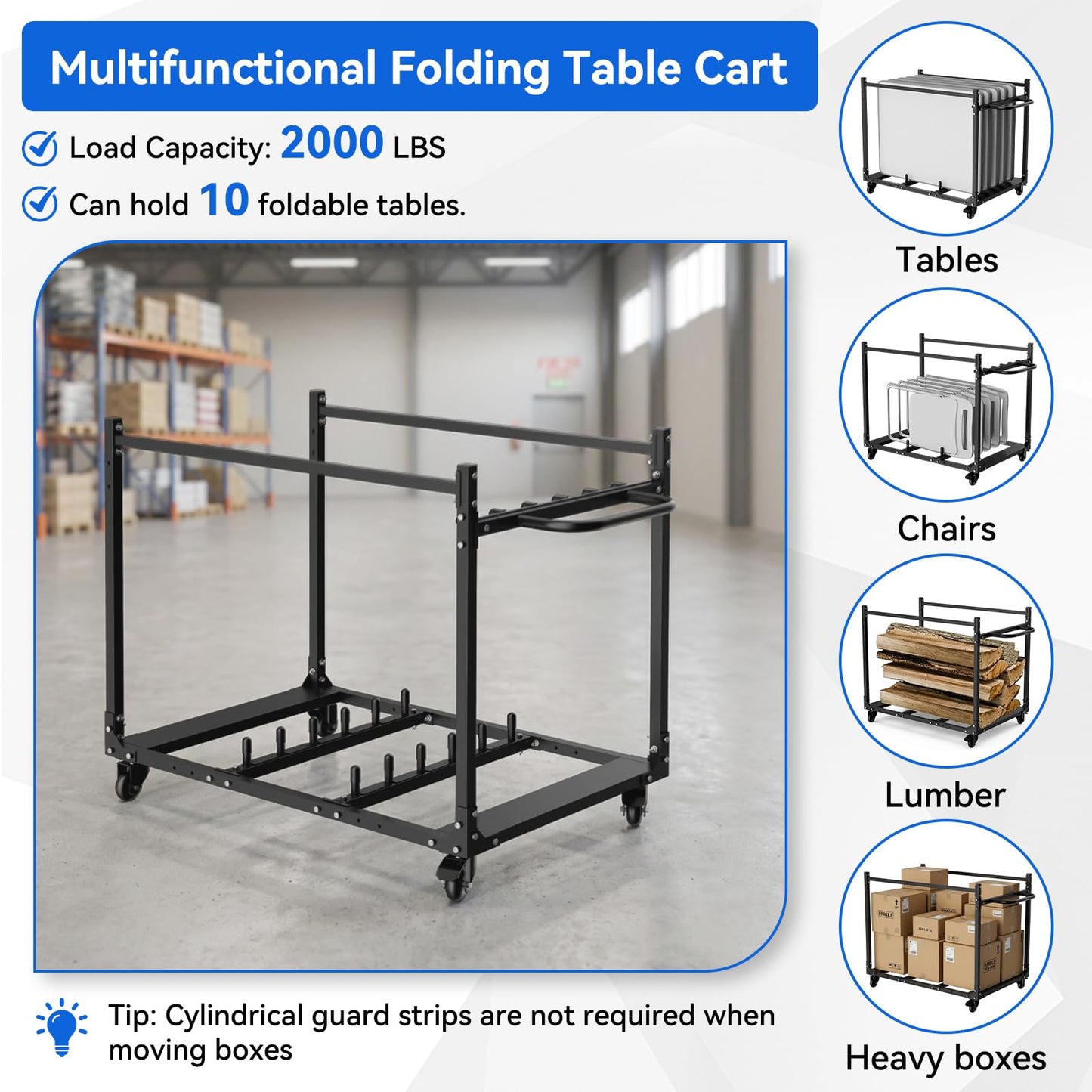 Folding Table Cart with Wheels, Heavy Duty Table Dolly for Round & Rectangular Tables, Mobile Table Cart with Handrails for Party Events, Factory, Hotel 44.4" L x 29.7" Wx 33.7" H