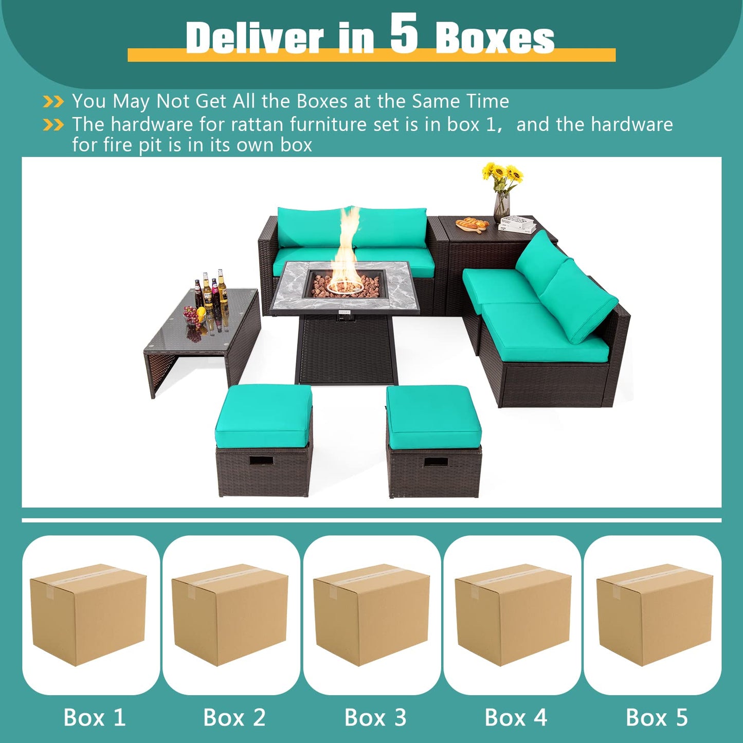 Tangkula 9 Pieces Outdoor Patio Furniture Set with 35-Inch Propane Fire Pit Table, Outdoor PE Wicker Sectional Sofa Set with Storage Box and Cushions, 50,000 BTU Gas Fire Pit Table (Turquoise)