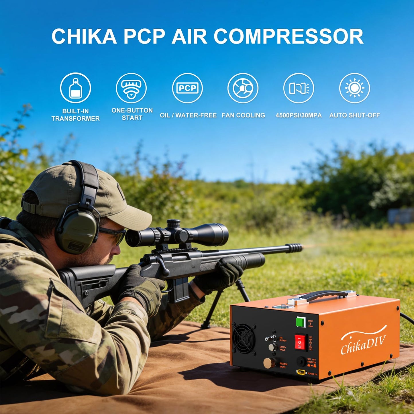CHIKADIV PCP Air Compressor 4500Psi, Fast Fill for Airguns or Paintball Tank, PCP air pump Auto Shut-Stop, Dual Power Dual Power 12V DC &110V/220V AC,350W Air Compressor for scuba tank