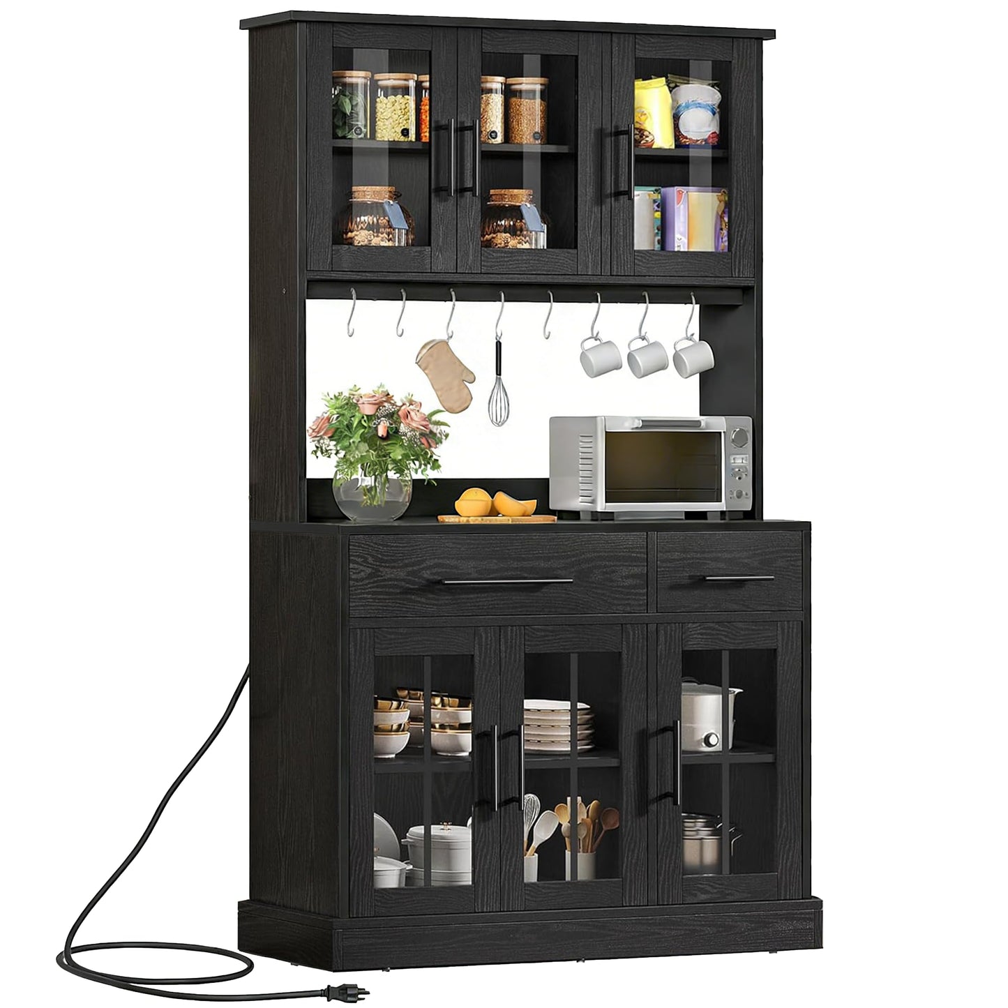 YITAHOME 71'' Kitchen Pantry Storage Cabinet with Microwave Stand, Tall Freestanding Hutch Cabinet with Power Outlet, Pantry Cabinets with Buffet Cupboard, Drawers and Acrylic Doors for Home, Black