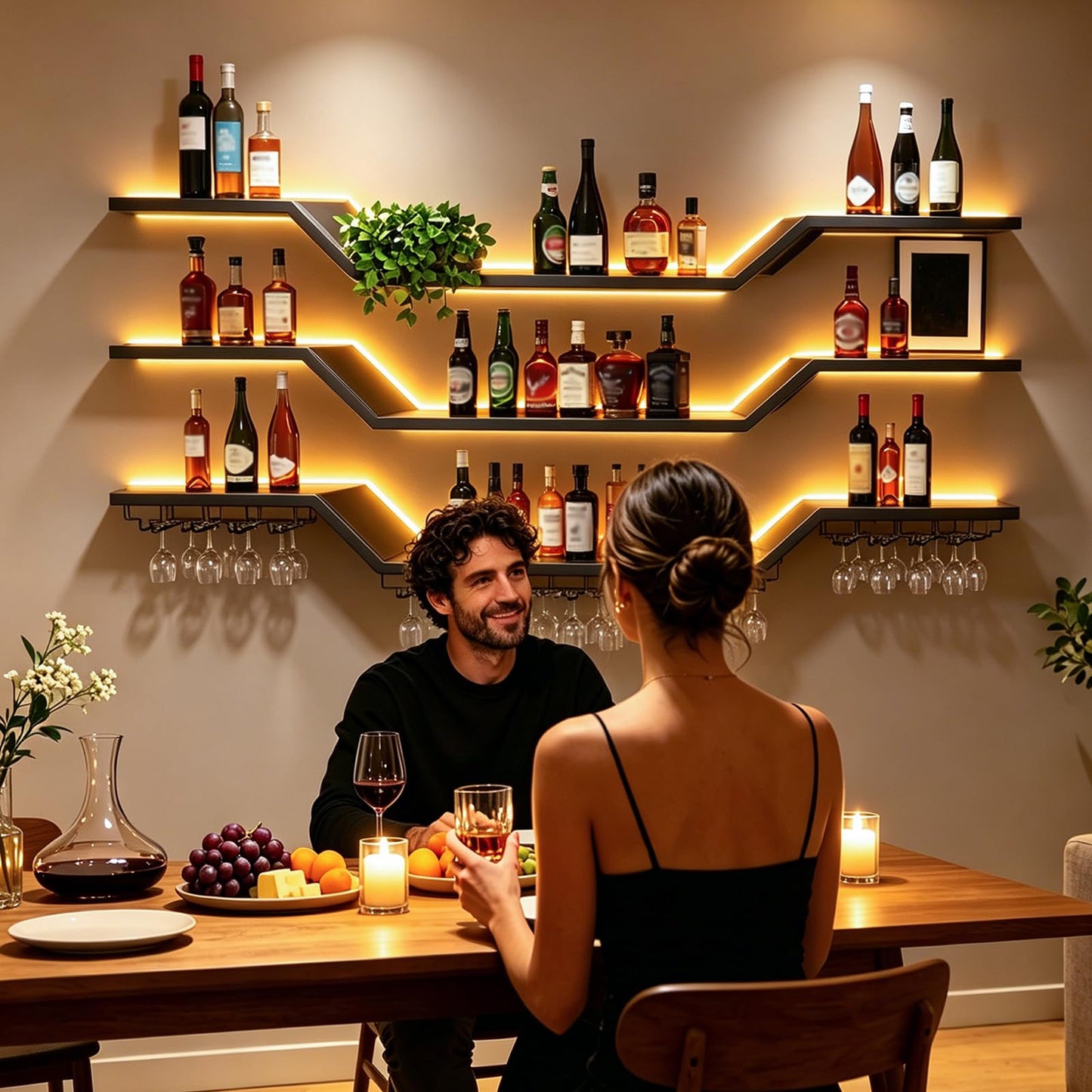 55.1in Modern LED Wine Rack Wall Mounted, 3-Tier Floating Bar Shelves with Wine Glass Rack, Large Hanging Liquor Shelf Wall Mounted, for Home Bar Dining Room Cafe Decorative (Black, 55.1in/140cm)