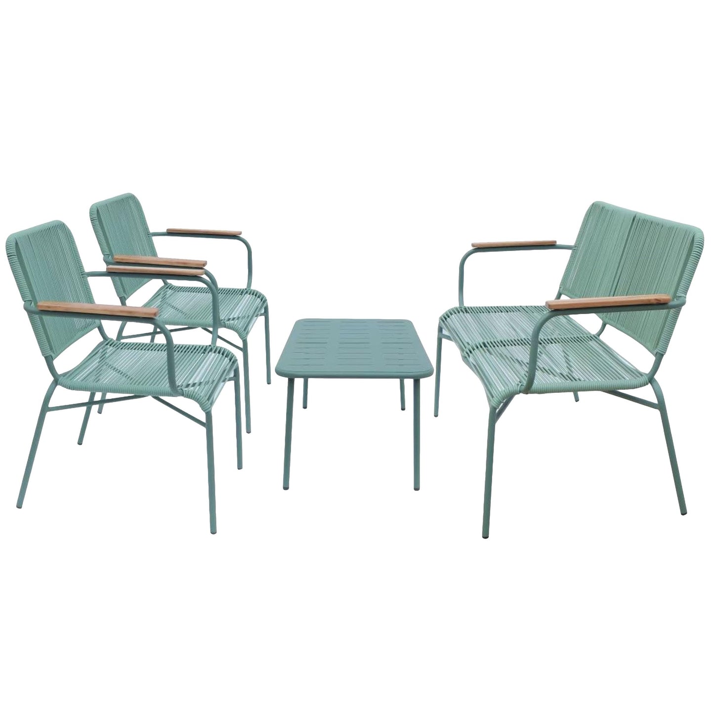 Alpine Corporation VTFAM170A 4-Piece Outdoor Rope Woven Patio Conversation Set – Sofa Bench, 2 Armchairs & Coffee Table – Modern Metal Frame with Wood Armrests – Indoor/Outdoor Seating Set