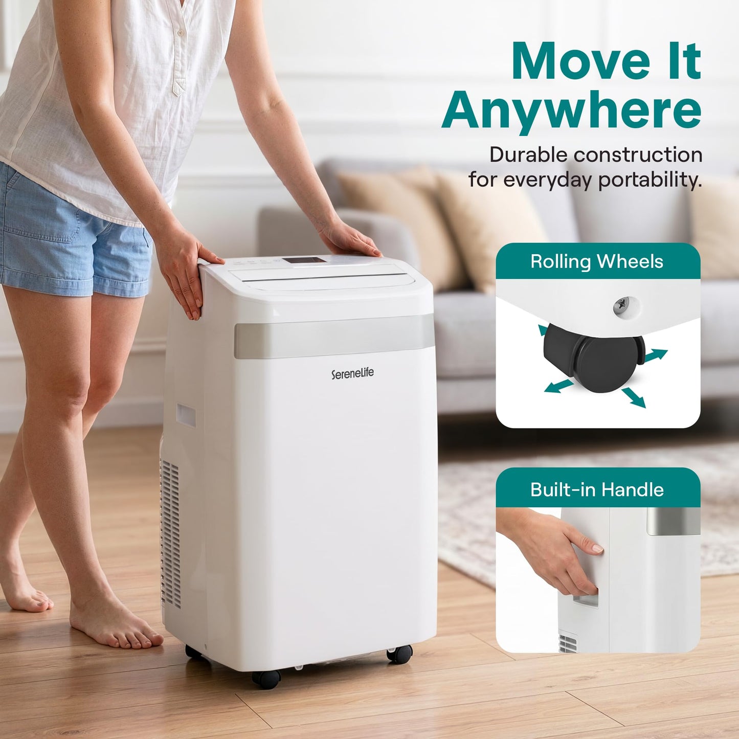 SereneLife Portable AC Unit with Wi-Fi, 14,000 BTU Cooling, Dehumidifier & Fan Modes Portable Air Conditioner, Adjustable Temperature, Compact Room Air Conditioner with Window Exhaust Kit, White