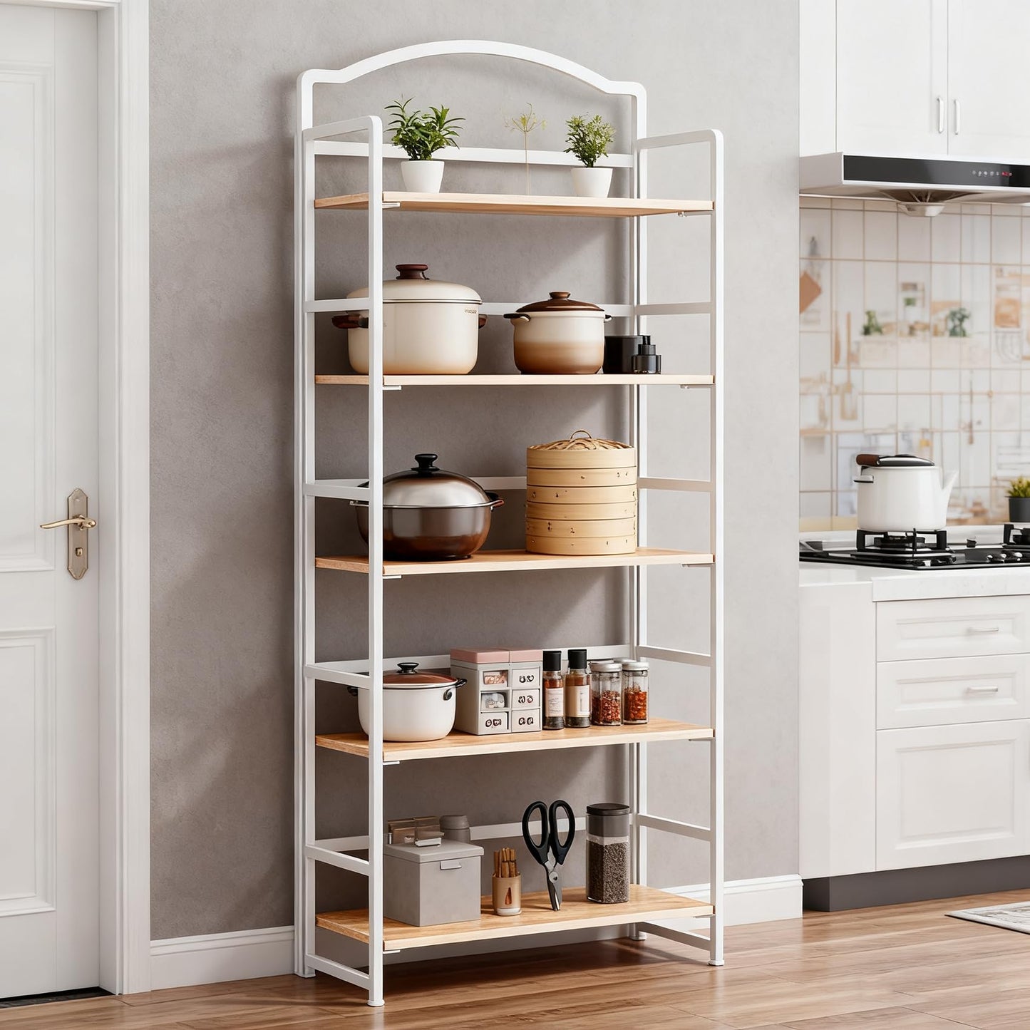 JSB 5 Tier No Assembly Folding Bookshelf, Arched Bookshelf, Foldable Bookcase for Living Room, Bedroom, Office,Skinny Bookshelf (White)