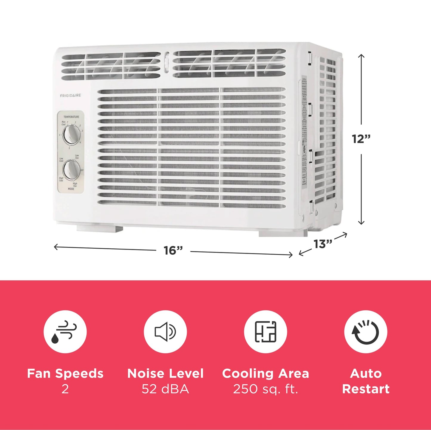 Frigidaire 5,000 BTU Window-Mounted Air Conditioner, Cools Up to 150 Sq. Ft., Quiet Operation, Effortless Temperature Control, 2 Fan Speeds, Auto Restart, White