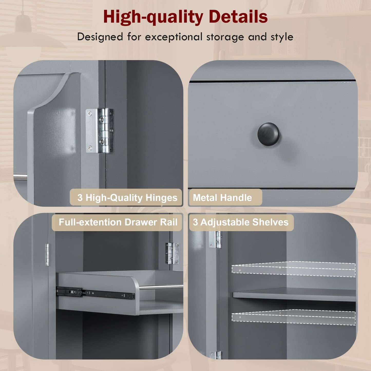 Merax 74.8'' Tall Kitchen Pantry Storage Cabinet with 6 Doors, 3 Drawers and Adjustable Shelves, Freestanding Large Cupboard & Pull-Out Trays for Kitchen, Dining Room, Living Room, Gray