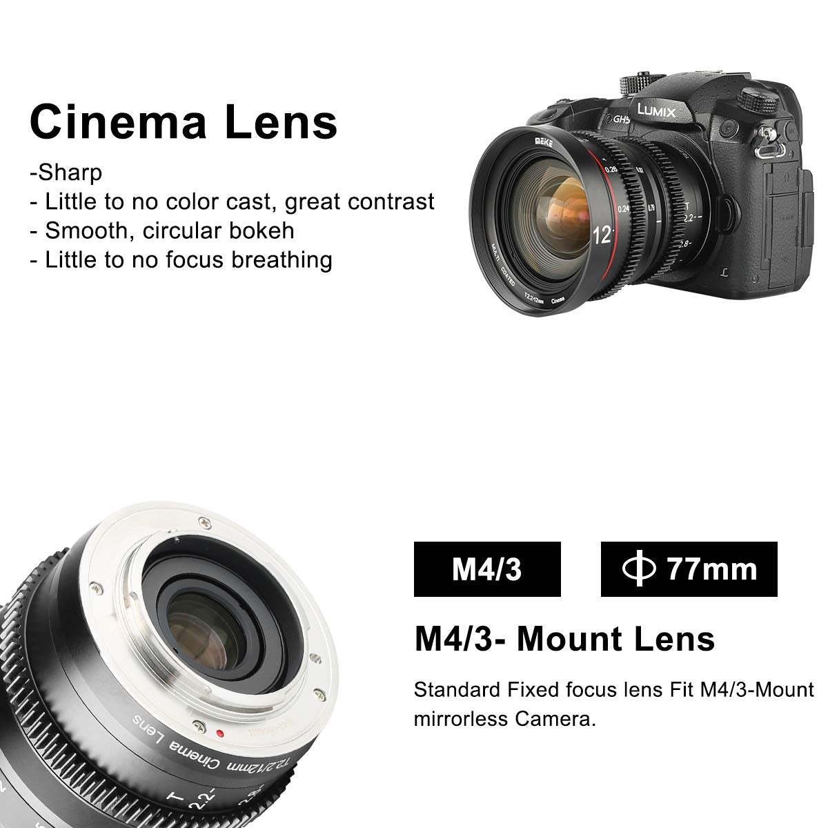 Meike 12mm T2.2 Large Aperture Manual Focus Low Distortion 4K Mini Cine Lens for Micro Four Thirds M43 MFT Mount Cameras Compatible with Olympus Panasonic Lumix BMPCC 4K Zcam E2 GH5 GH6 GH7