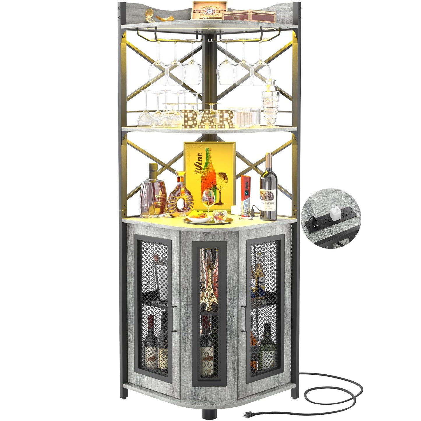 Aheaplus Corner Bar Cabinet with Power Outlet, Industrial Wine Cabinet with LED Strip and Glass Holder, 5-Tiers Liquor Cabinet Bar Unit for Home, Corner Display Cabinet for Small Space, White Oak