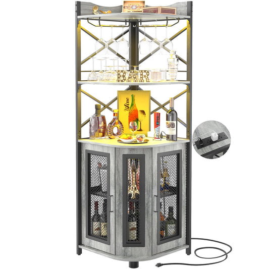 Aheaplus Corner Bar Cabinet with Power Outlet, Industrial Wine Cabinet with LED Strip and Glass Holder, 5-Tiers Liquor Cabinet Bar Unit for Home, Corner Display Cabinet for Small Space, White Oak