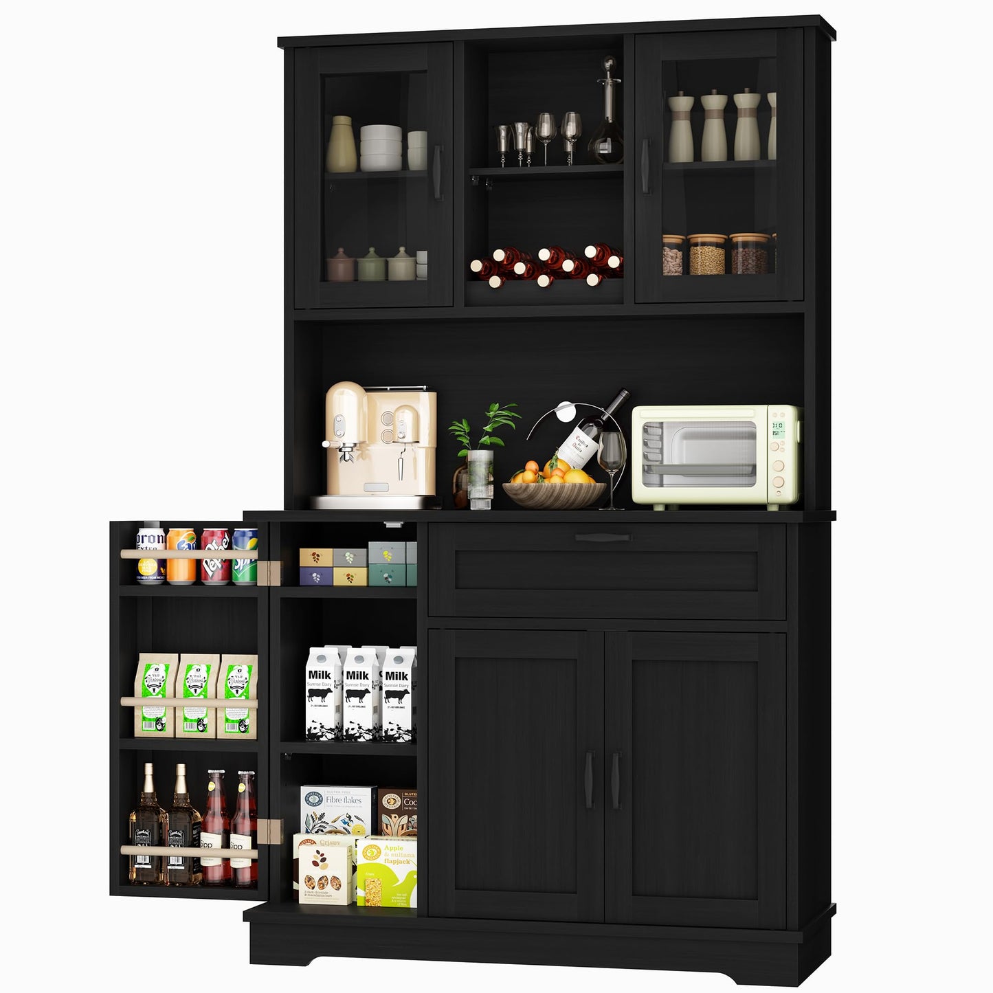 Shintenchi Kitchen Pantry Storage Cabinet, Freestanding Buffet Cabinet with Microwave Stand & 3 Door Shelves, Kitchen Hutch with Doors, Adjustable Shelves and Wine Rack, Black