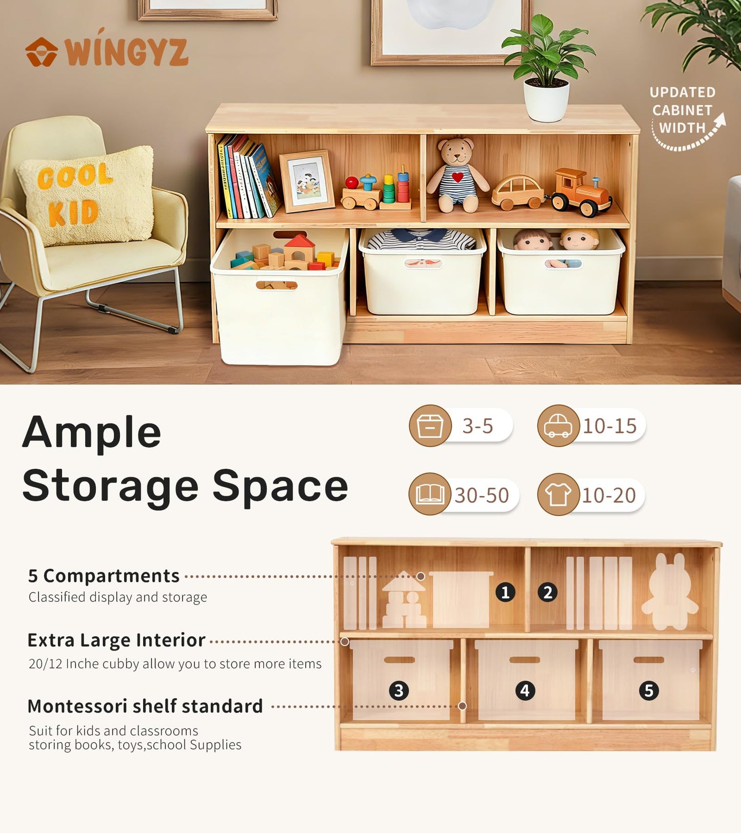 WINGYZ Rubber Wood Montessori Bookshelf, 5-Section Wooden Storage Cabinet, 2 Shelf Bookcase Toy Storage Organizer, 35.4" L Montessori Shelf for Kids Rooms Playroom Nursery Classroom Daycare Furniture