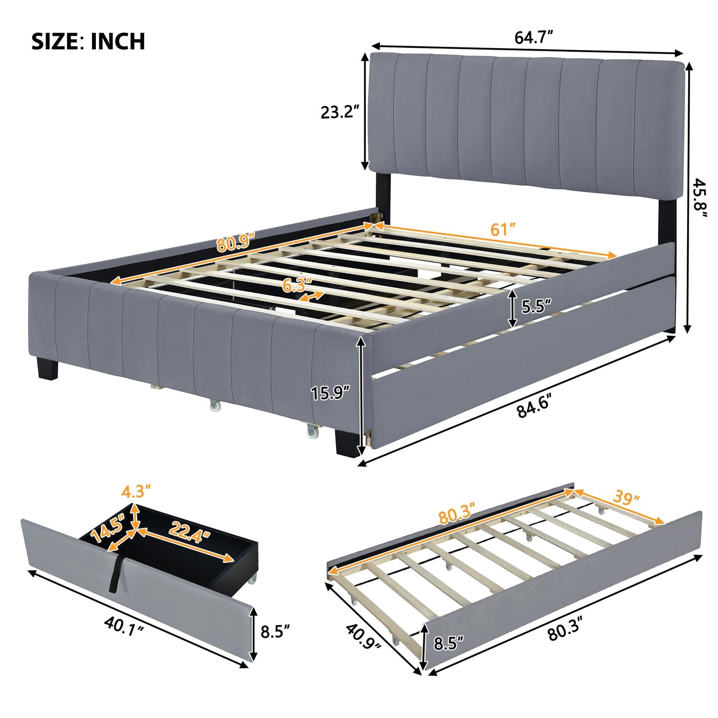 Bellemave Queen Bed Frame with Trundle Bed,Velvet Upholstered Platform Bed Frame with Storage Drawers,Queen Size Trundle Bed with Headboard for Kids Teens Adults,Gray