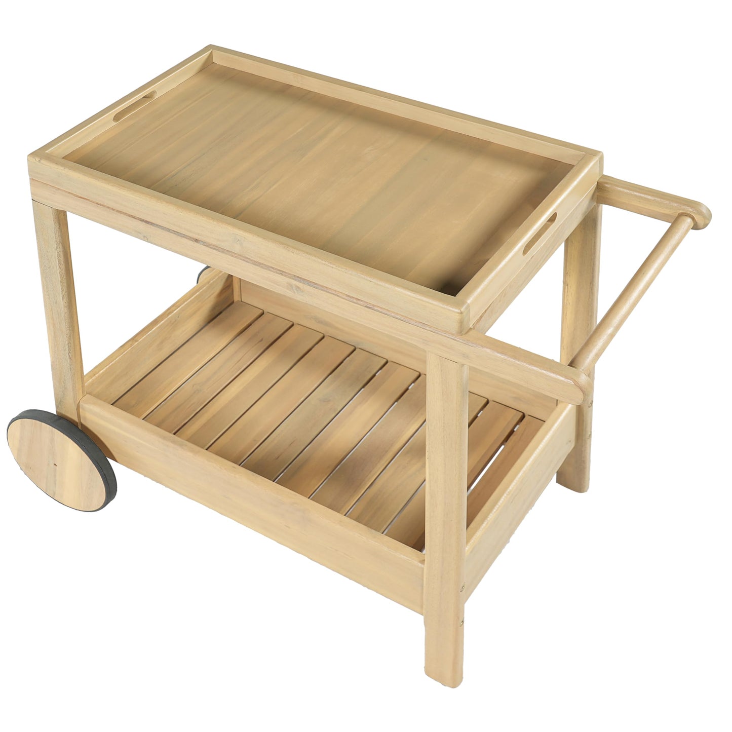 Christopher Knight Home Sara Acacia Wood Outdoor Bar Cart with Wheels, Rolling Kitchen Cart with Tray, Rolling Serving Cart for Patio, Deck & Backyard, Natural Wood