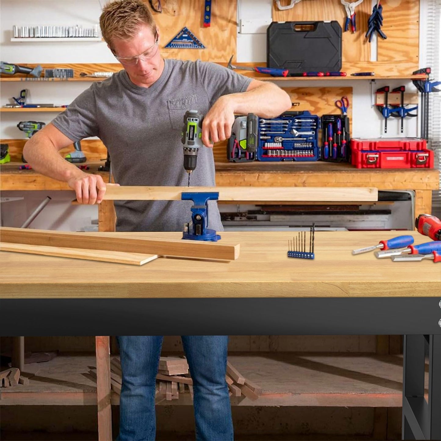 60" Adjustable Workbench,Heavy-Duty Work Table,3000 LBS Load Capacity Hardwood Workstation Outlets with Power Strips, Drawers and Wheels,for Workshop, Garage
