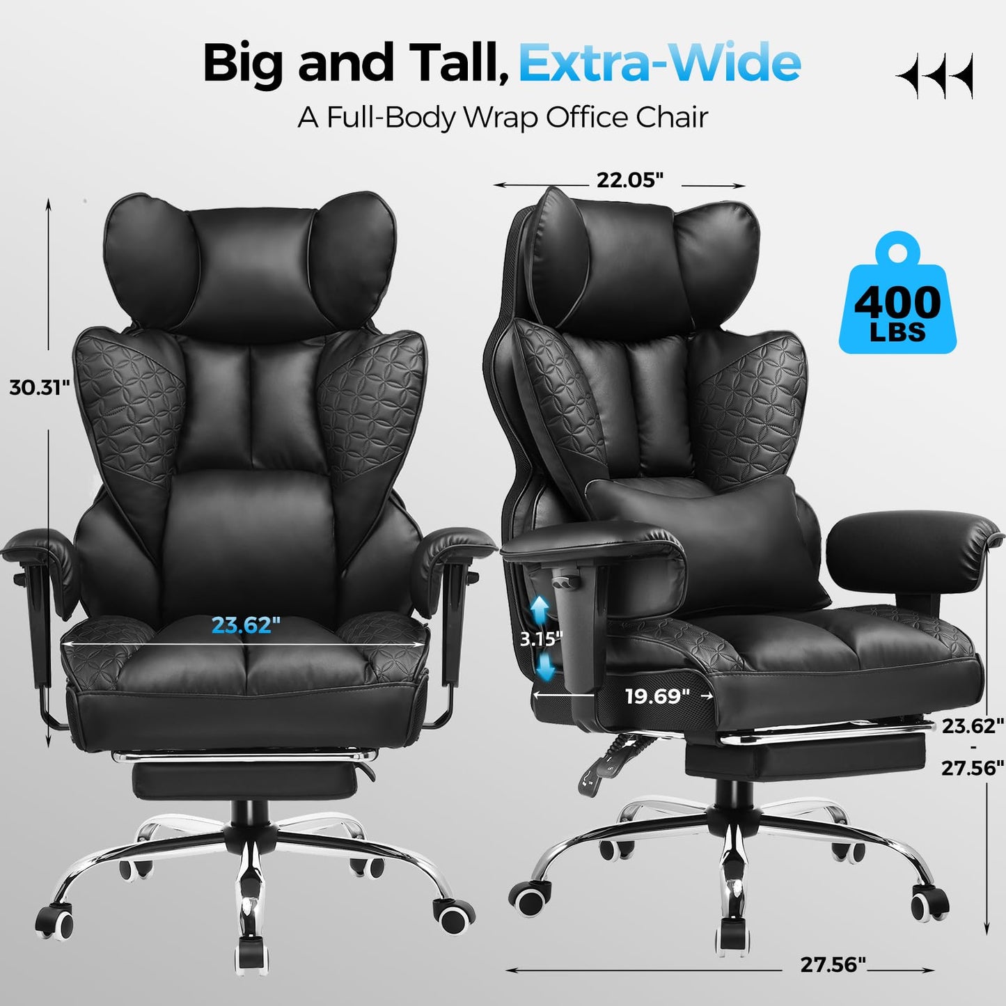 COMHOMA Big and Tall Office Chair Heavy Duty Wide Ergonomic Gaming Chair with Deluxe Embossing Leather with Foot Rest 150°Reclining Adjustable Armrests Pocket Spring Back Support and Without Pillow