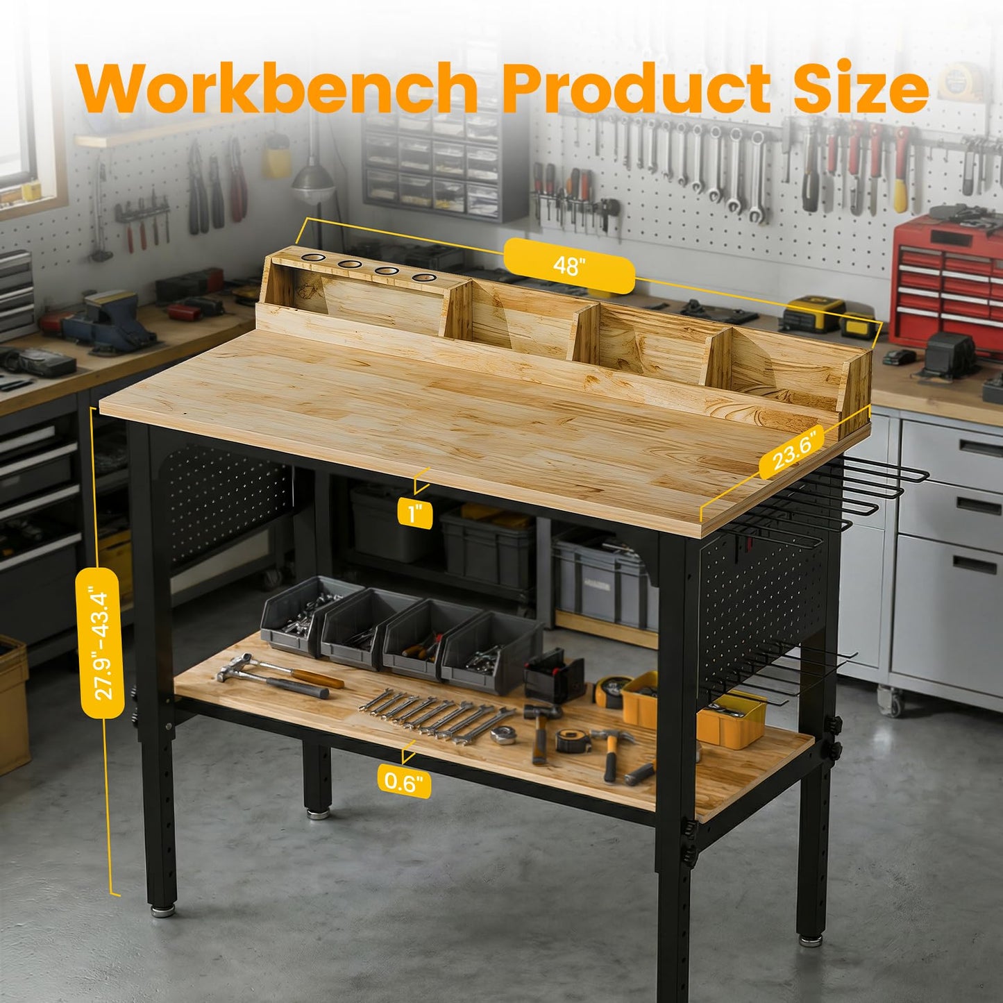 Workbench Adjustable Height Heavy Duty Work Bench with Storage, 2200 LBS Load Capacity Work Table, Pegboard, Built-in Power Outlet, Lockable Wheels for Garage, Workshop, Warehouse & Home