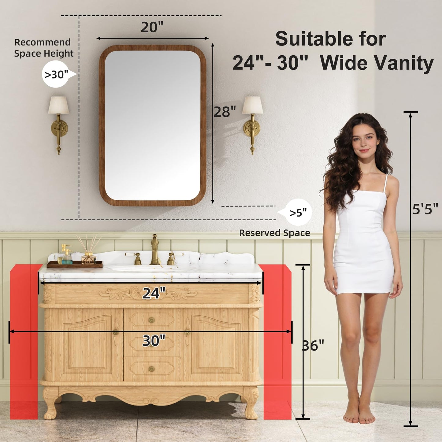 Keazile 20x28 Inch Wood Medicine Cabinet with Mirror, Surface or Recessed Mount Bathroom Mirror Cabinet, Adjustable Glass Shelves, Soft-Close Door, Rounded Corner, Fully Assembled, Walnut