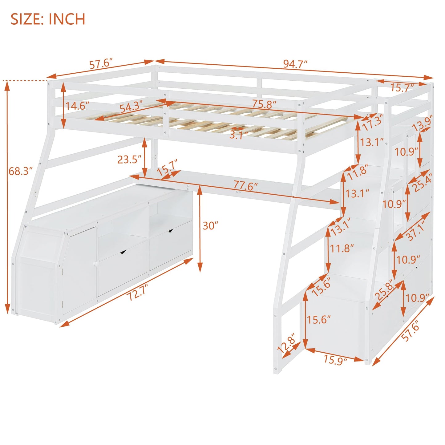 Su & Chan Legence Full Size Bed with Pinewood Frame and Desk, Loft Bed with 7 Drawers and 2 Shelves, Natural Wood Grain Look, White