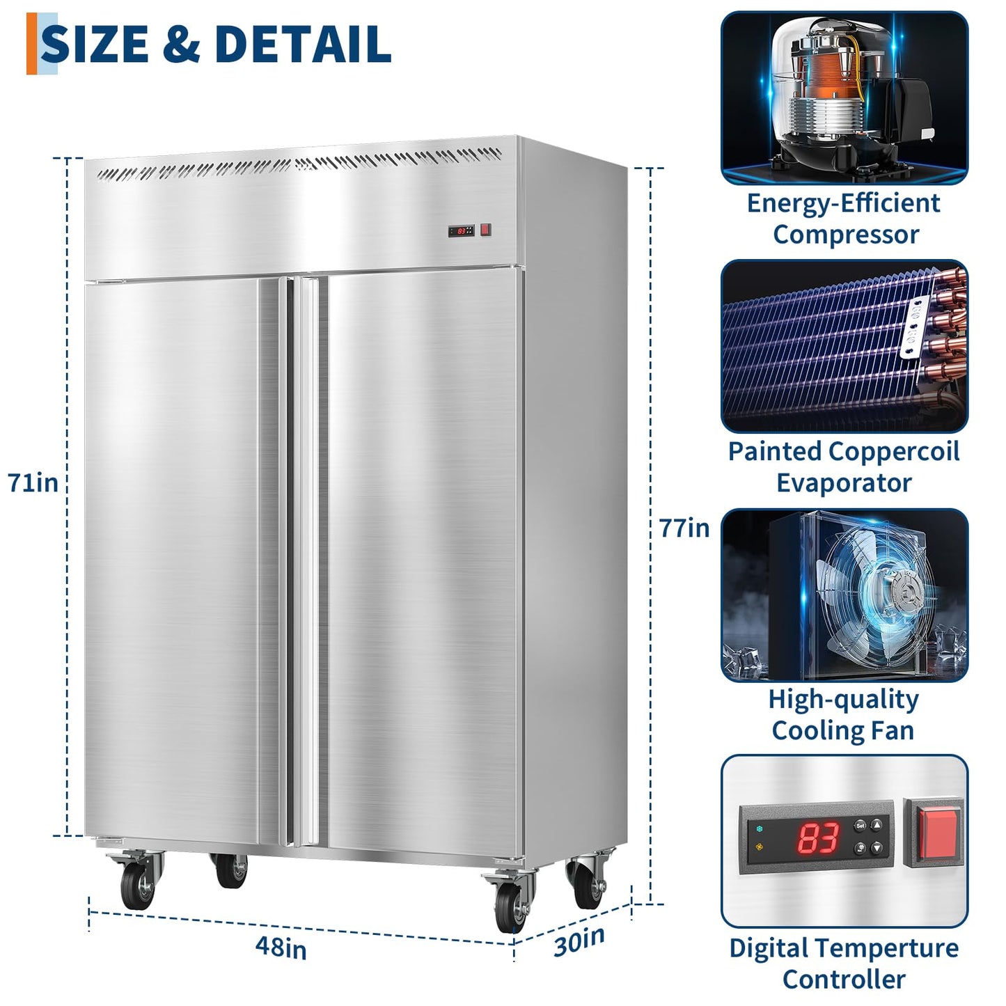 48" Commercial Upright Freezer, 36 Cu.Ft Stainless Steel - 2 Door Beverage Freezer with Auto Defrost, Fan Cooling, 6 Adjustable Shelves, Ideal for Restaurant, Bar, Shop