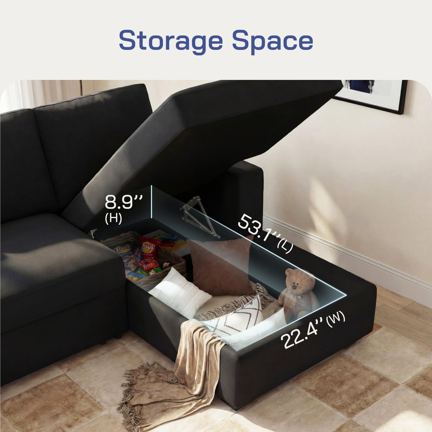 Leathaire 111 Inch Sectional Sleeper Sofa with Pull Out Bed, U Shaped 6 Seat Modular Sectional Couch with Storage for Living Room, Velvet Black