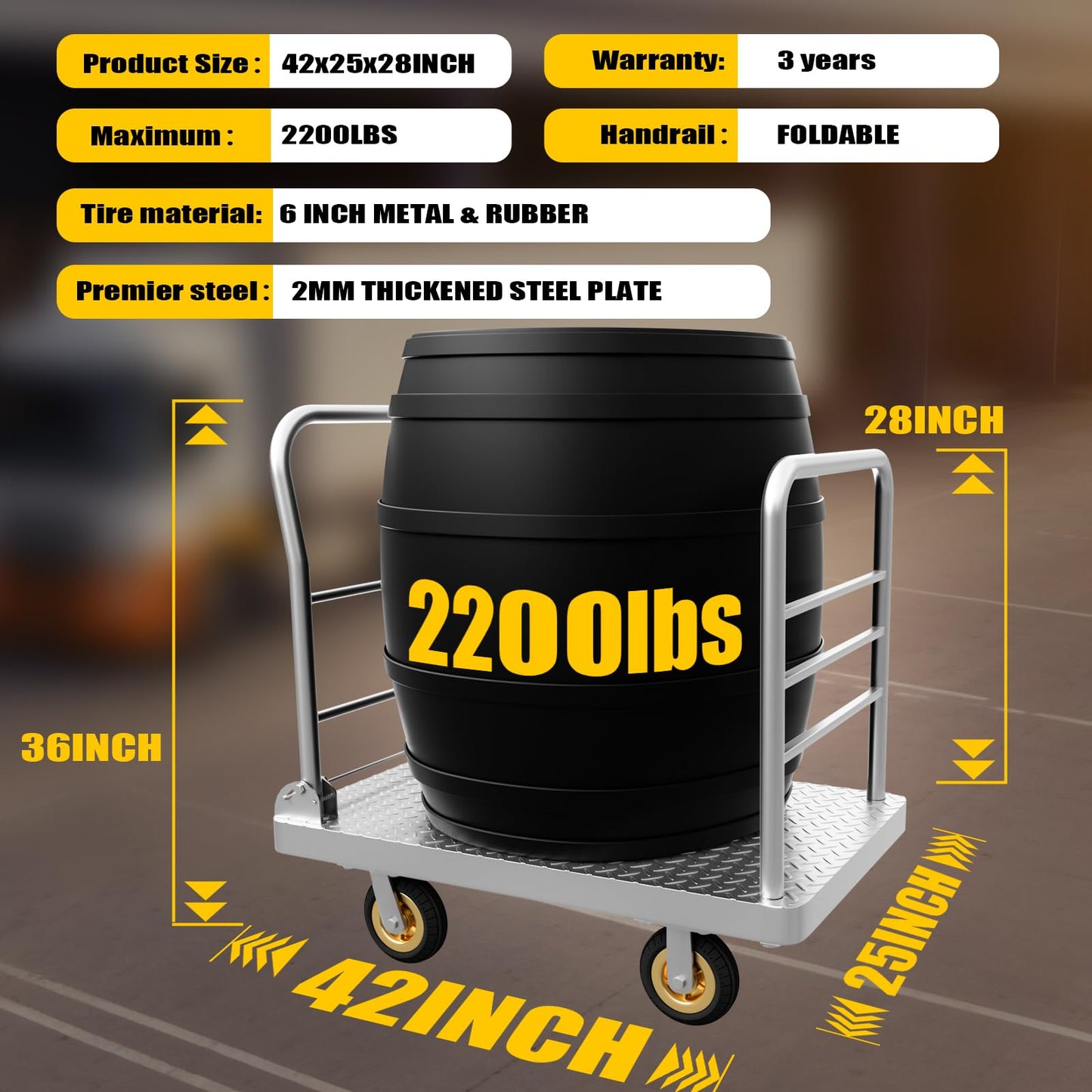 Lomive 2IN1 42"×25" Platform Truck Cart 2200lbs Heavy Duty Flatbed Cart Dolly w/Detachable Rear Guardrail and Swivel Casters, Push Cart, 1 Bunge Cord Included