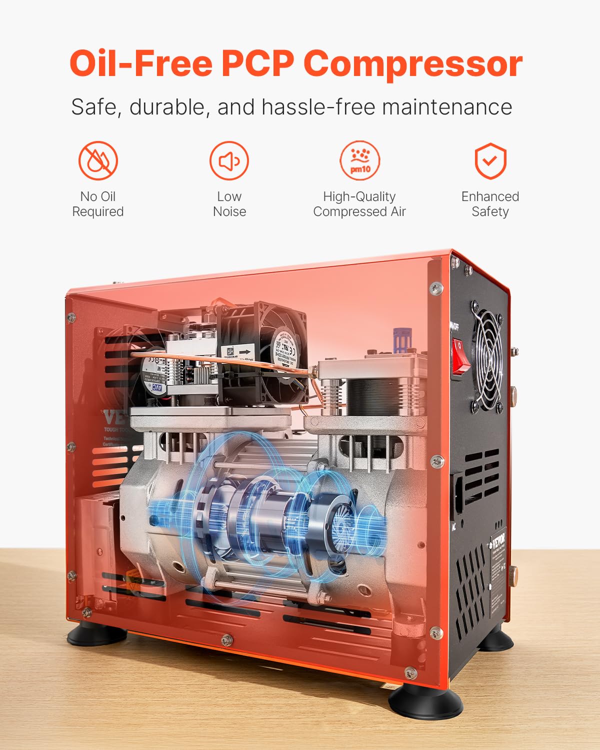 VEVOR PCP Air Compressor, 800W Dual-Cylinder PCP Airgun Compressor 4500PSI/30Mpa with Built-in Fan Cooling System, Auto-Stop | Oil Free Paintball Tank Compressor for Air Rifle, Scuba Diving Bottle