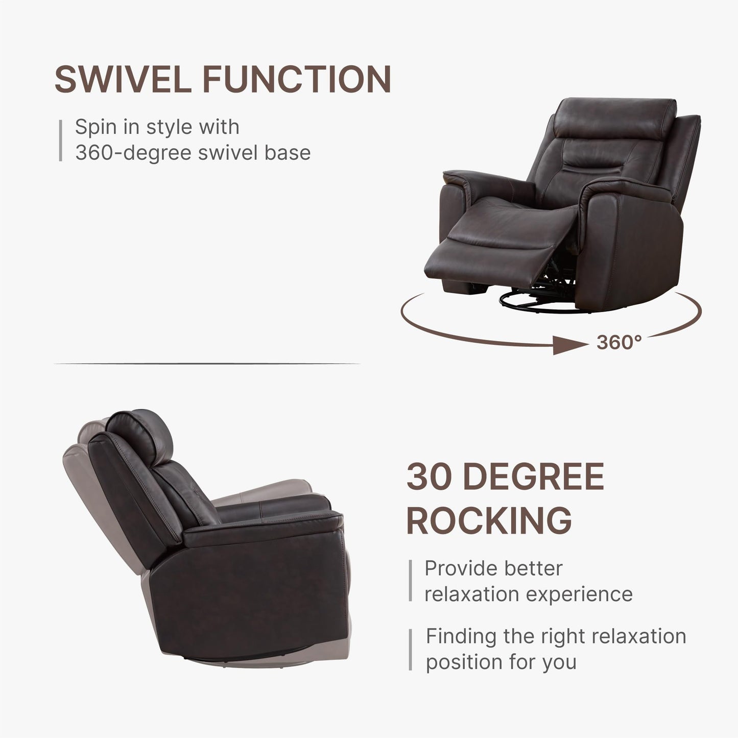 KISLOT Leather Recliner Chair, 360° Swivel Rocker Faux Leather Manual Recliner with Adjustable Backrest & Footrest Ergonomic Single Lounge Chair for Living Room, Bedroom, Home Theater