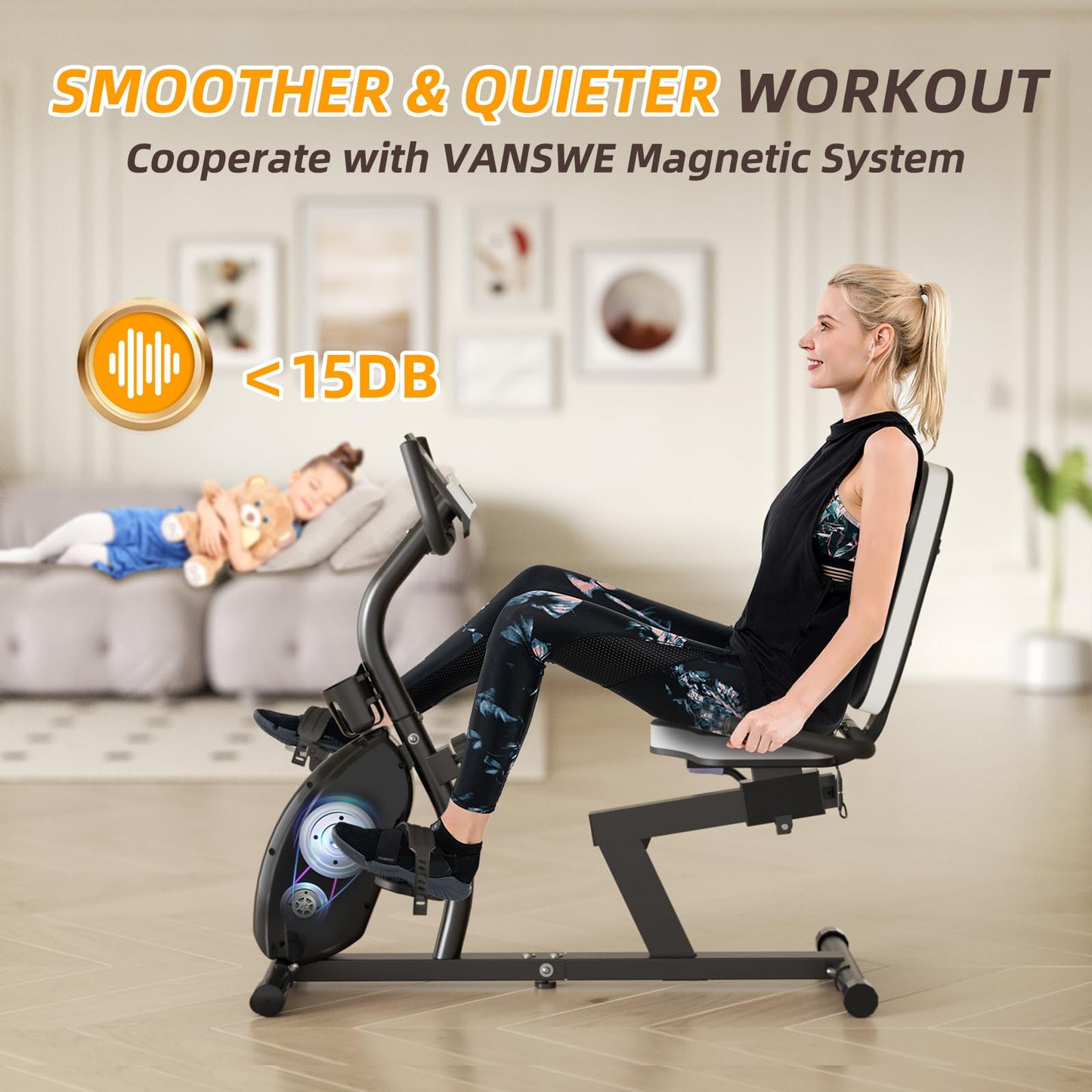 VANSWE Recumbent Exercise Bike for Seniors & Adults, 380 LBS Weight Capacity Stationary Bike for Home with 16-Level Magnetic Resistance, Bluetooth App Connectivity, Adjustable Seat & Pulse Sensor