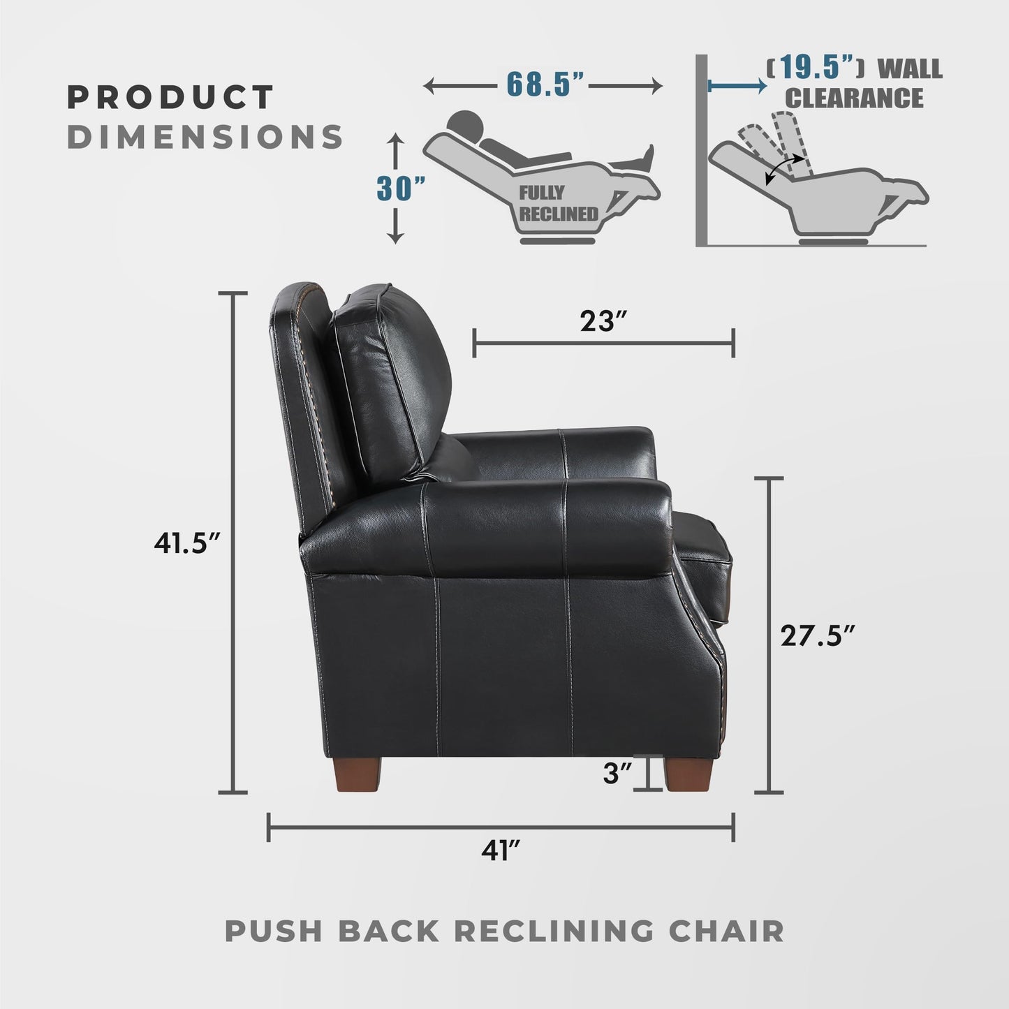 Lexicon Push Back Reclining Chair, Top Grain Leather Match Push Back Recliner Chair with Nailhead Trim, Rolled Arms, Solid Wood Legs, for Living Room/Apartment/Office, Easy Assembly, Black