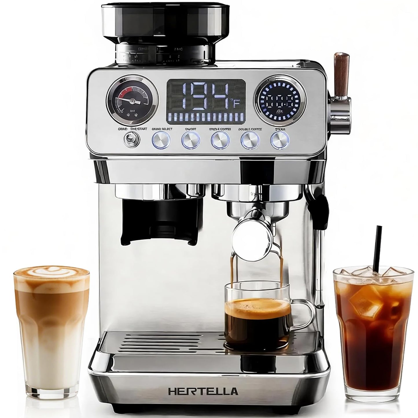 HERTELLA Espresso Machine with Burr Grinder, 20 Bar Visual Pressure Gauge, Milk Frother Steam Wand, Stainless Steel, 4 Temperature Modes (Hot and Cold Brew), Automatic Pressure Release Function