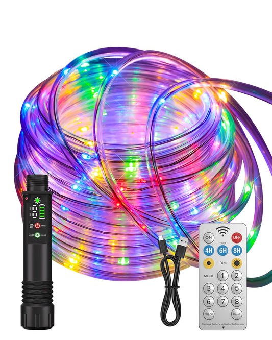 Soiarllt Rechargeable Rope Lights, Outdoor Waterproof String Lights, 39FT, Multicolor, 1200mAh Battery, 8 Modes, Model SLSL016